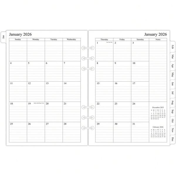 Newestor 2025-2026 Monthly Planner Refills For A5 6-Ring Binder, Two Pages Per Month, V 2025 To Dec 2026, A5 Size, 6-Hole Punched