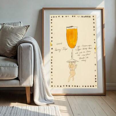 1幅复古鸡尾酒墙画，雪莉酒翻页配方插画，帆布油画，复古饮品海报，趣味饮品装饰，适用于厨房、酒吧、餐厅、家居、咖啡馆、酒馆、男士专属空间，可作为送给调酒师的礼物，可选无框或有框。