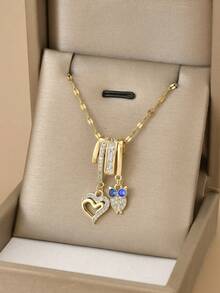 1件精美立方氧化锆心形猫头鹰不锈钢项链，女士款，金色首饰，送给她的礼物，感恩节礼物 - 藍眼貓頭鷹 - 查看 4