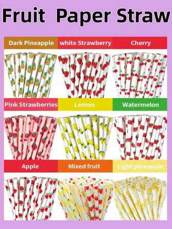 100 piezas/paquete 9 estilos de pajitas de papel con estampado de frutas multicolor de 6*197mm - Manzana/Cereza/Limón/Sandía/Fresa/Piña | Estilo de verano, adecuado para fiestas hawaianas y de playa, reuniones, bares y cocinas del hogar. Decoraciones navideñas