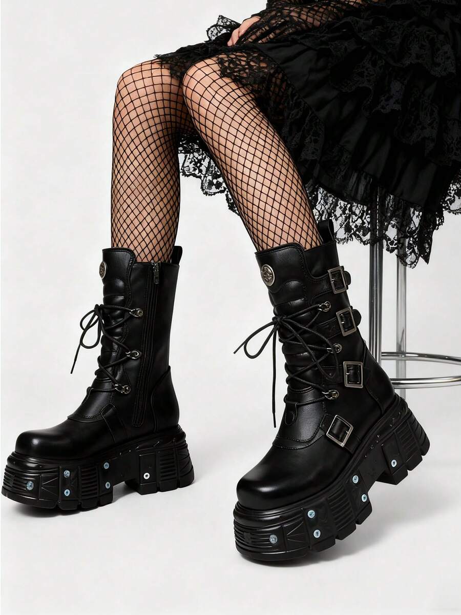 Cool Fashion Women Combat Boots Chunky Heels Thick Bottom Studs Zip Buckle Platform Punk Gothic Luxury Women Street Shoes - 黑色 - 查看 1