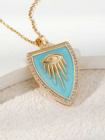 1pc Unique Shield Shaped Pendant Necklace With Micro-Inlaid Zirconia Stone Eye Element, Suitable For Parties And Music Festivals