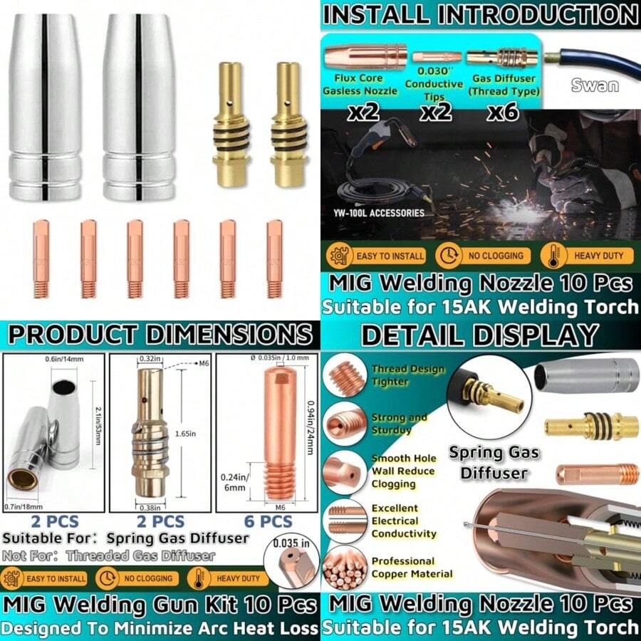 MIG Welding Gun Kit Accessory6pcs Welding Tips 0.035" + 2pcs Gas Nozzles + 2pcs Gas Diffuser MIG Welding Accessories For Lincoln Magnum 100L Tweco Mini/#1 Forney Chicago Clarke Welder - 0035kit - Xem 1