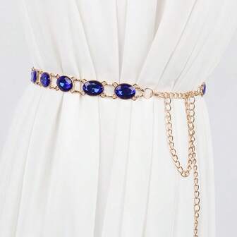 Cadena de cintura de metal con cristal de imitación de zafiro azul en forma ovalada, cinturón delgado elegante y retro, accesorio a juego para vestido de noche