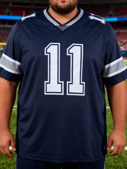 Plus Size Men's #11 Navy Blue Football Jersey, Dallas Classic Style, English Letter Embroidery Loose Fit Short Sleeve Pullover T-Shirt, Suitable For Casual, Streetwear, Party, Sports, Running, Workout, Gifts For Men