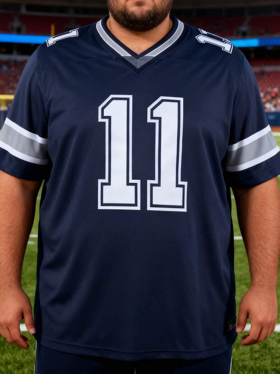Plus Size Men's #11 Navy Blue Football Jersey, Dallas Classic Style, English Letter Embroidery Loose Fit Short Sleeve Pullover T-Shirt, Suitable For Casual, Streetwear, Party, Sports, Running, Workout, Gifts For Men - Navy Blue - View 1