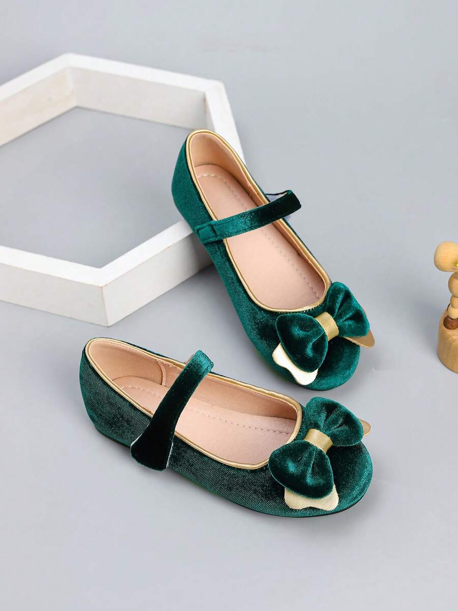 Girls' Fashionable Flat Velvet Bow Outdoor Shoes, Autumn/Winter - Green - View 1