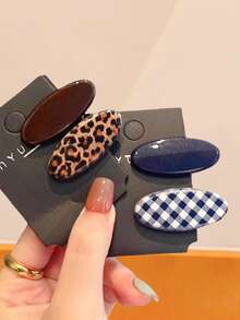 8件套卡通椭圆波点发夹组合，豹纹、格子、纯色发饰，适合女性和女孩，休闲、通勤或派对场合皆宜，可轻松提升您的造型。 - 彩色 - 查看 1