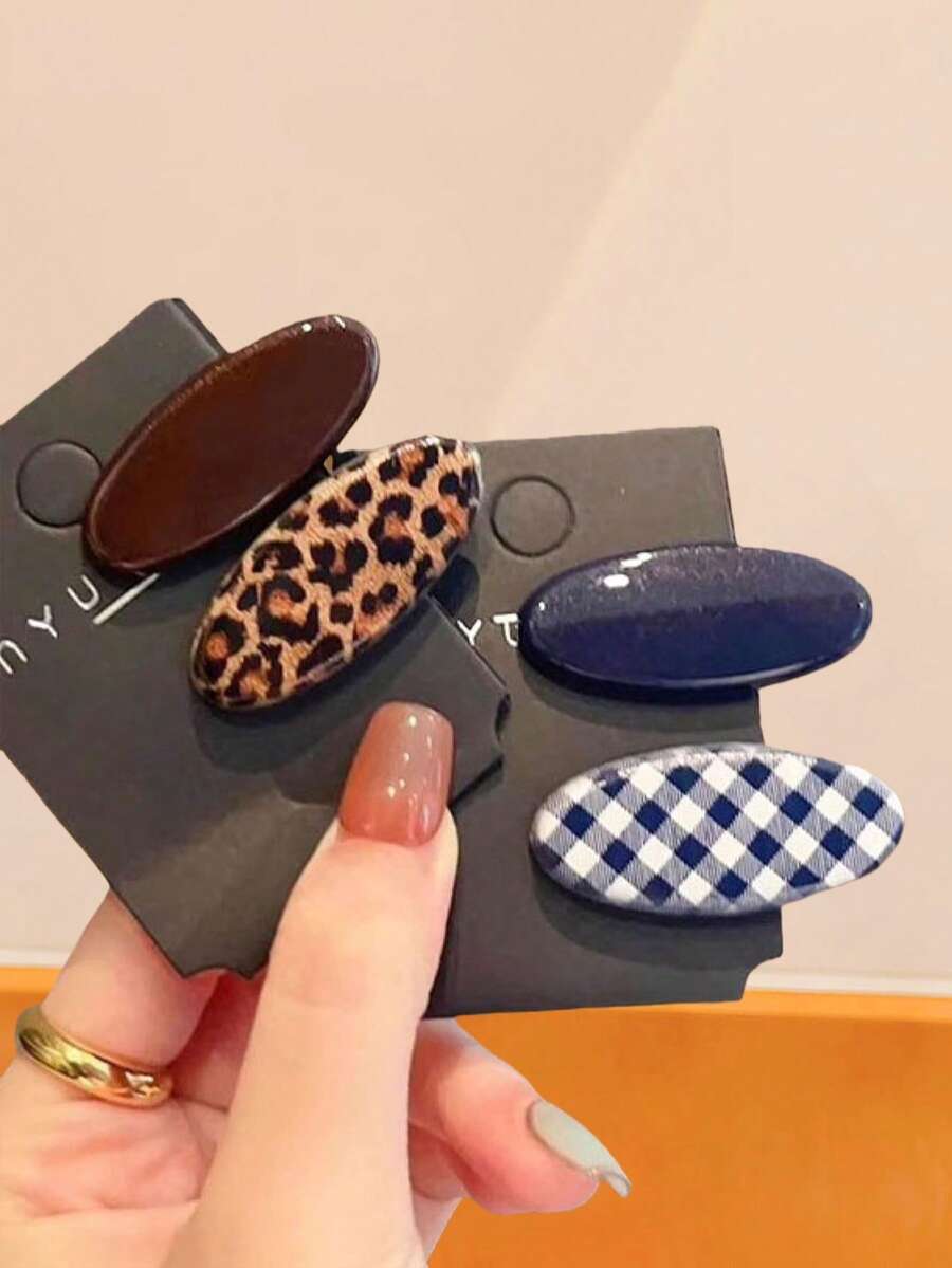 8件套卡通椭圆波点发夹组合，豹纹、格子、纯色发饰，适合女性和女孩，休闲、通勤或派对场合皆宜，可轻松提升您的造型。 - 彩色 - 查看 1