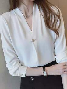 法式V领衬衫，专业正式通勤抗皱衬衫，春秋季长袖白衬衫（女士款） - 白色 - 查看 1