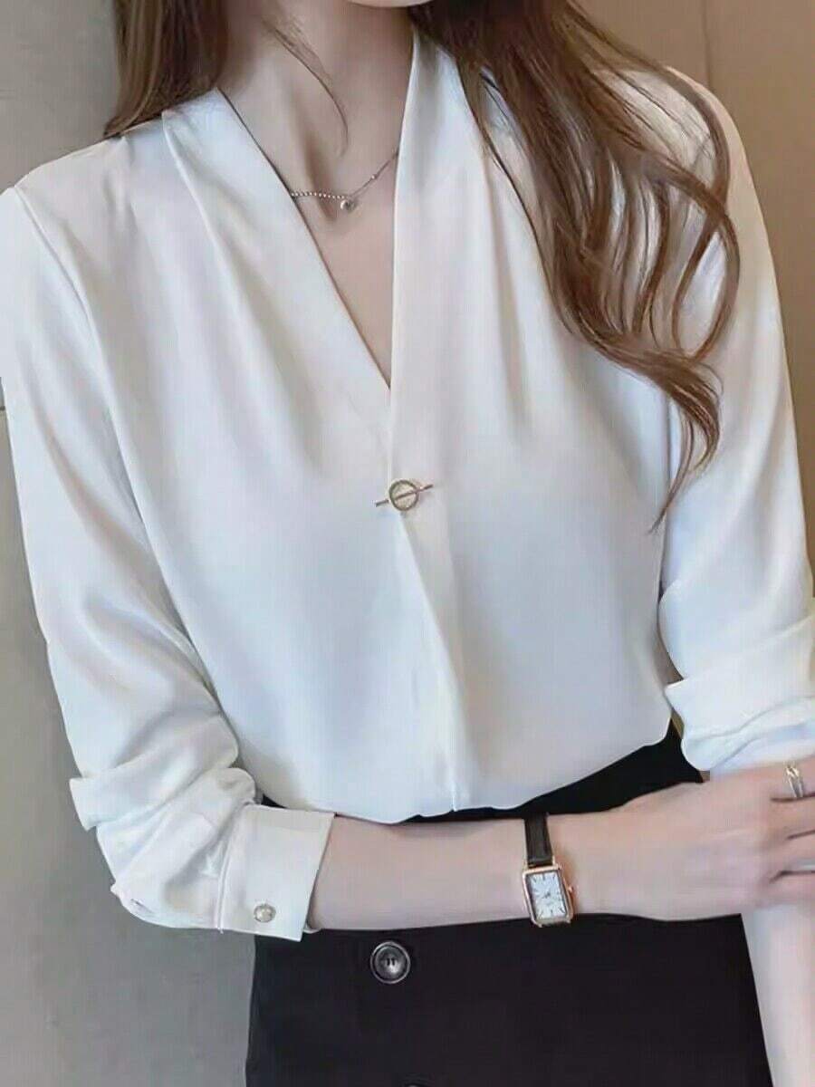 法式V领衬衫,专业正式通勤抗皱衬衫,春秋季长袖白衬衫(女士款) - 白色 - 查看 1