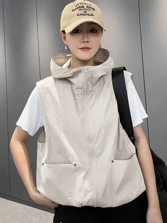 여성 봄/가을 신상 민소매 조끼 재킷, 캐주얼 슬림핏 디자인, 지퍼 후드 포켓 조절 가능한 밑단, 가벼운 야외 패셔너블한 다용도 스타일