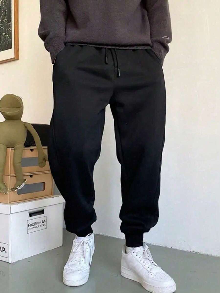 Men's Slim Fit Jogger Sweatpants With Pockets And Cuffs, Unisex, On - Black - View 1