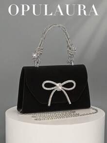 Torebka wieczorowa OpulAura z czarnego aksamitu w europejskim i amerykańskim stylu, z błyszczącą, elegancką kokardą i zdobieniem ze strasów, luksusowa formalna torebka do ręki, torebka na ramię z łańcuszkiem, odpowiednia na galę, przyjęcie, urodziny, ślub, dodatek ślubny - Czarne - Zobacz 2