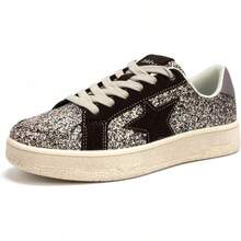 Niluber Star Sneakers For Women Low Top Cushioned White Gold Sliver Leopard Platform Sneakers Lace Up Red Glitter Platform Party ShoesChristmas - 棕色閃光 - 查看 1