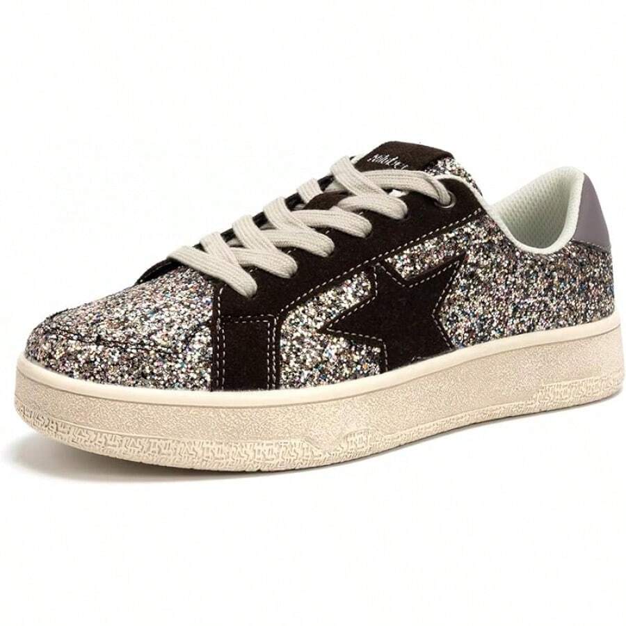 Niluber Star Sneakers For Women Low Top Cushioned White Gold Sliver Leopard Platform Sneakers Lace Up Red Glitter Platform Party ShoesChristmas - 棕色閃光 - 查看 1