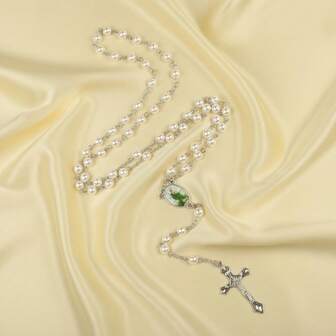 1pc Minimalist Vintage White Faux Pearl Chain Cross & Virgin Mary Pendant Necklace, New Trending Versatile Stylish Accessory, Suitable For Mother's Day, Valentine's Day, Easter Gifts