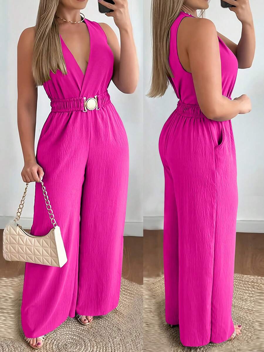 女士梭织面料腰带口袋连体裤，适合度假、日常穿着、生日派对、返校派对、单身派对、旅行、夏季等场合，尽显优雅气质。