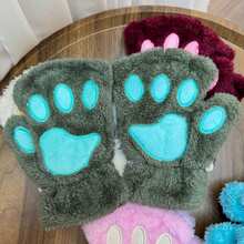 一双可爱猫爪露指手套，加厚保暖防寒毛绒手套，适合冬季女孩日常佩戴，带绳子 - 彩色 - 查看 23