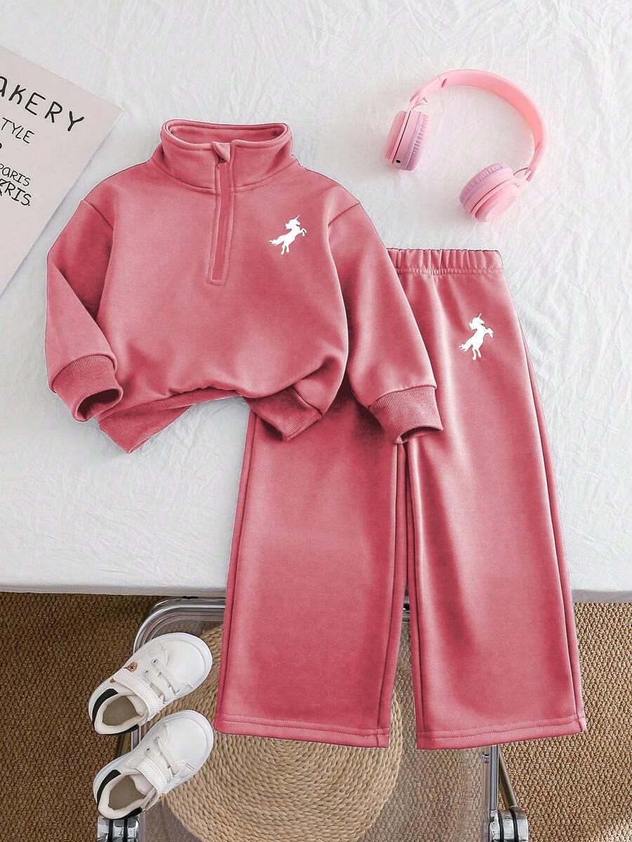Chatreadl 2pcs Girls Unicorn Embroidery Solid Color Sweatshirt And Pants Set, Minimalist Design, Comfortable For Spring, Autumn And Winter - Coral Pink - View 1