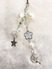 1/2 قطعة من سلسلة القمر سلسلة هاتف محمول مزينة بفيونكة اللؤلؤ، قابلة للتعليق على الحقيبة أو المفاتيح أو الكاميرا، تصميم خاص للنساء