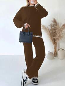 مجموعة كنزة صوفية محبوكة ذات لونين متباينين للنساء، كنزة صوفية بياقة طاقم وأكمام طويلة مقترنة مع بنطلون، طقم ملابس كاجوال مكون من قطعتين للنساء للخريف/الشتاء، ملابس منزلية - بني - مشاهدة 4