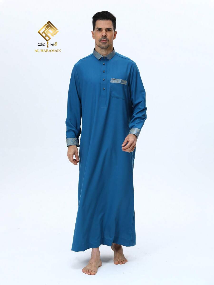 AL HARAMAIN 哈拉曼男士长袍,畅销四粒扣设计,时尚领口和袖口款式,热销阿拉伯男士祈祷长袍,优雅男士阿拉伯长袍 - 柔软长袖祈祷长袍,可机洗,适合所有季节和宗教场合 | 圆领设计 | 质地光滑 | 男士正装,男士传统阿拉伯长袍,卡塔尔设计 - 藍色 - 查看 1