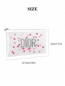 Dior Cute Girl's Makeup Bag, High-Quality Transparent Cosmetic Pouch With Embroidered Pink Heart Design - Pink - View 3