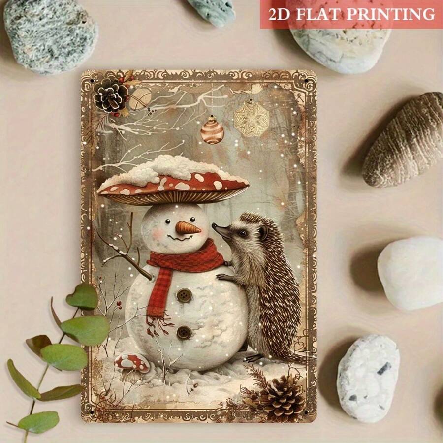 2D Flat 1 Piece Winter Fairy Tale Snowman Caterpillar Metal Sign, 8X 12inch Iron Wall Decoration, Charming Rural Winter Scene, Suitable For Holiday Parties And Cozy Home Decoration, Room Decoration - 圖片色 - 查看 1