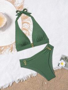 Women's Elegant Backless Tie Bikini Set, High Slit Swim Bottoms, Golden Ring Detail - Olive Green - View 4