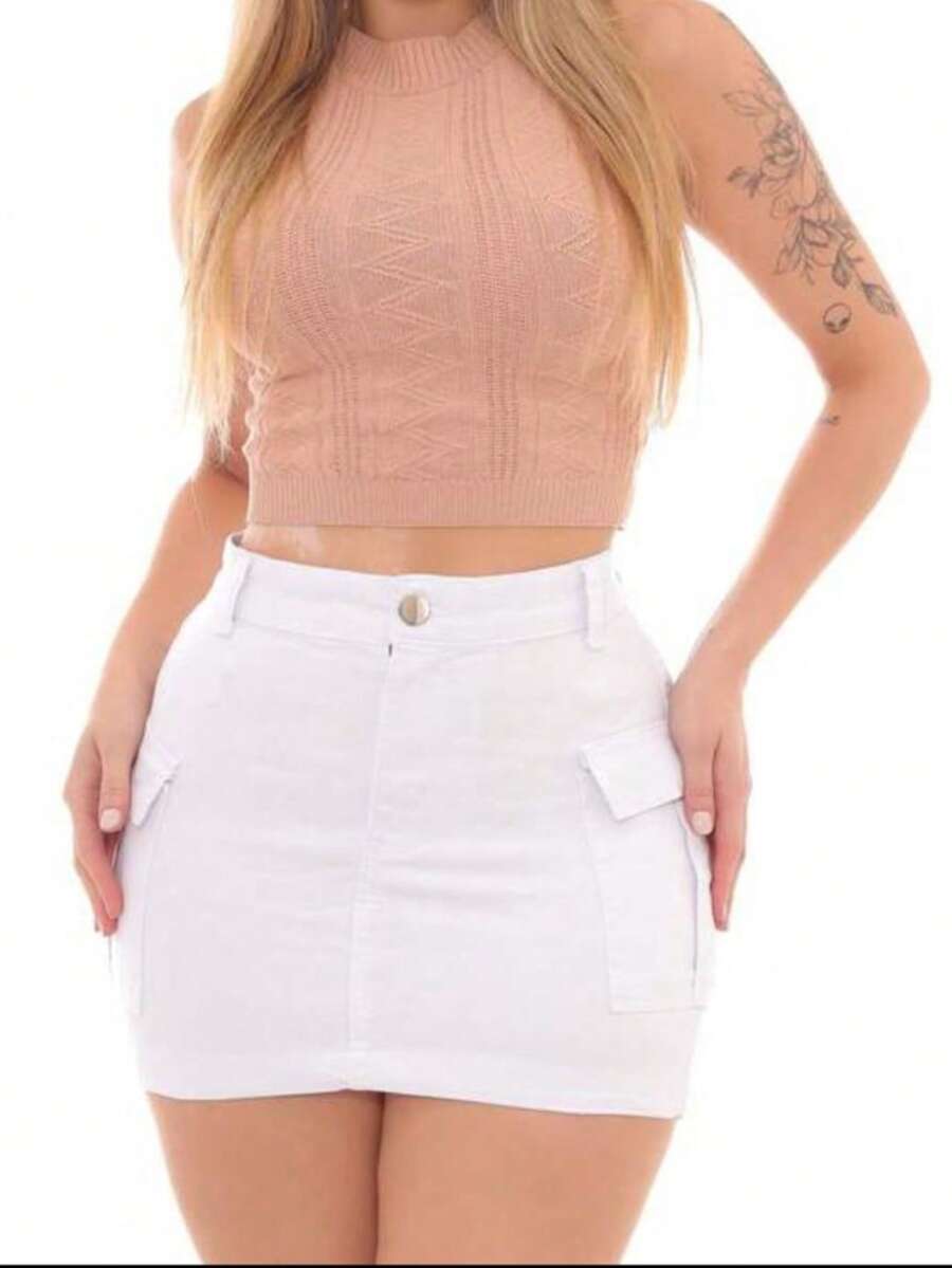 Black Cargo Skirt In Denim With Elastane And Pockets - White - View 1
