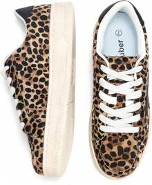 Niluber Star Sneakers For Women Low Top Cushioned White Gold Sliver Leopard Platform Sneakers Lace Up Red Glitter Platform Party ShoesChristmas - 豹 - 查看 9