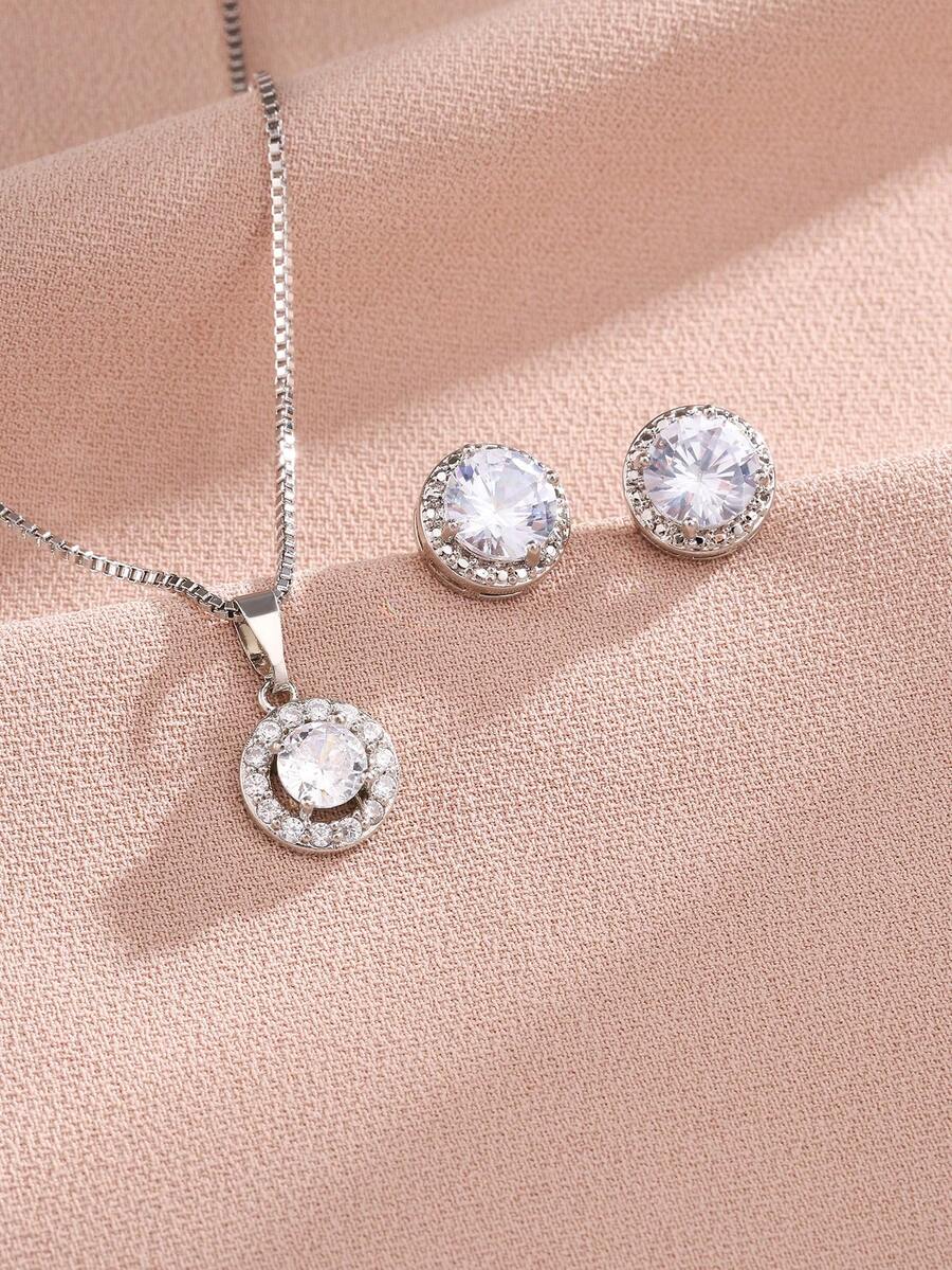 rakol Set de joyería de 3 piezas que incluye collar con colgante de circonita cúbica redondo y aretes para mujeres - Plateado - Ver 1