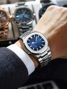 Luxury Business Men's Wrist Watch, Stainless Steel Quartz Watch With Date Display, Alloy Strap, Alloy Case, Elegant Gift Watch - Multicolor - View 1