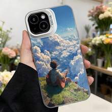 Cubierta de telefono con diseño de arte digital azul cielo nubes y persona sentada en montaña para iPhone 14 Pro Max funda protectora con texto CASETTO ideal para uso diario y regalos esteticos Aplicable a los teléfonos de la serie Apple y Galaxy - Negro - Ver 3