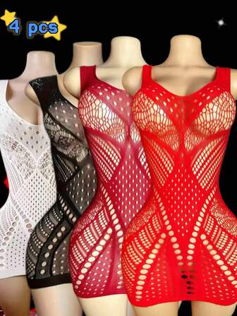 4件套女士镂空连衣裙渔网性感内衣，适合浪漫夜晚