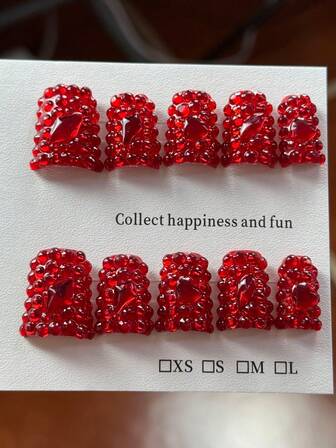 10pcs High-End New Year's Edition, Handcrafted Three-Dimensional Red Sparkling Full Of Diamonds Handmade Fake Nails, Nail Patches Suitable For Brides' Weddings, Friends' Birthday Parties, New Year And Christmas Events