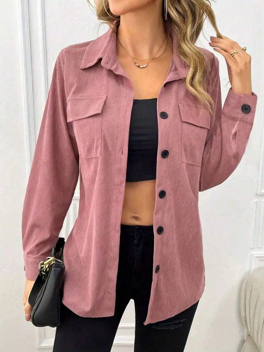 Pink Corduroy Women's Button Front Utility Pocket Casual Fitted Long Sleeve Shirt - Versatile For Daily Commute & Casual Date Outfits - Pink - View 1