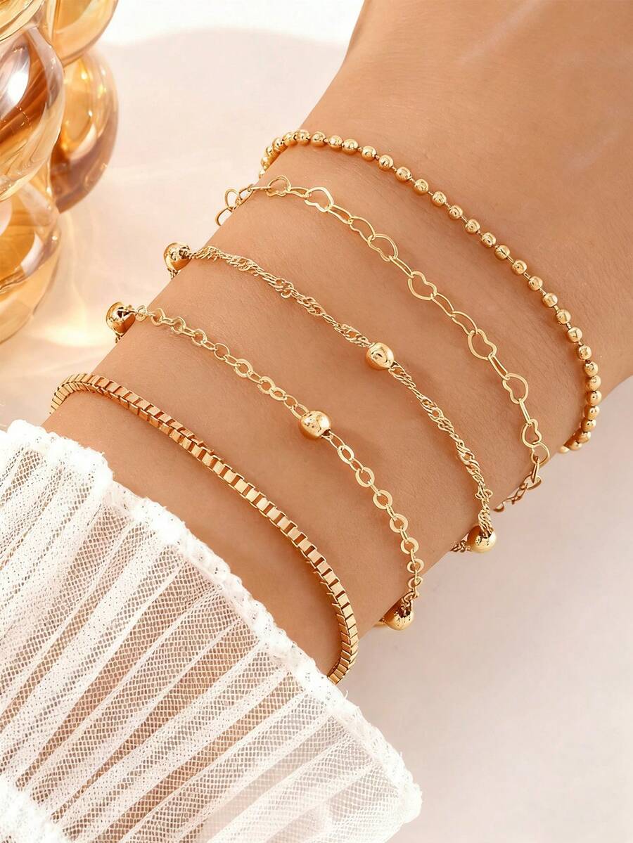 Set Of 5 Pieces Of Love Round Bead Chain Bracelet Set Women's Alloy Round Bead Chain Box Chain - Vàng - Xem 1
