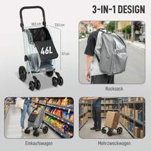 HOMCOM Shopping Trolley, 46 Liter Bag, Foldable Shopping Trolley With Cooler Bag, Adjustable Handle, Aluminum Frame, Gray (On Site)