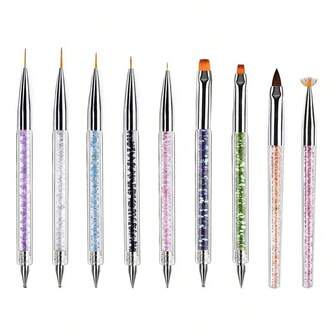 9件套美甲画笔套装，美甲工具套装，美甲点钻笔，美甲清洁刷，条纹美甲画笔，美甲设计素描笔