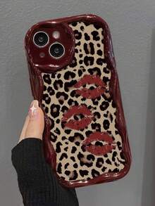 豹纹唇彩、卡通熊彩、平纹印花奶油酒红色波浪边软壳，兼容 17/17 Pro Max/ 16/16 Pro/16 Pro Max/15/XR/7P8P/P12 Pro Max/P13 Pro Max/P14 Pro Max/P13/P14/P11/P12/P14，可爱时尚加厚手机壳，适用于 XS/S/XS Max/78GES2