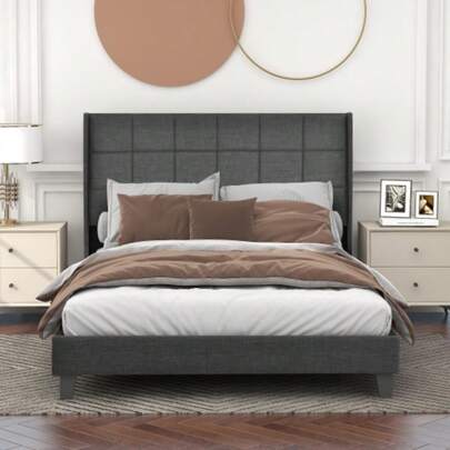 Letto imbottito con testiera imbottita, letto matrimoniale con rete a doghe, 140x200cm, in lino grigio, semirigido (con materasso a molle)