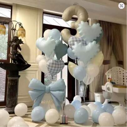 Juego de globos de fiesta de color blanco crema, adecuados para fiestas, cumpleaños, etc. Incluye globos con forma de corazón de macarrón azul, globos con forma de corazón de macarrón amarillo y globos de color blanco crema.