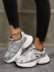 女士拼接撞色厚底系带休闲厚底运动鞋，适合徒步、户外运动和跑步 - 黑色 - 查看 3