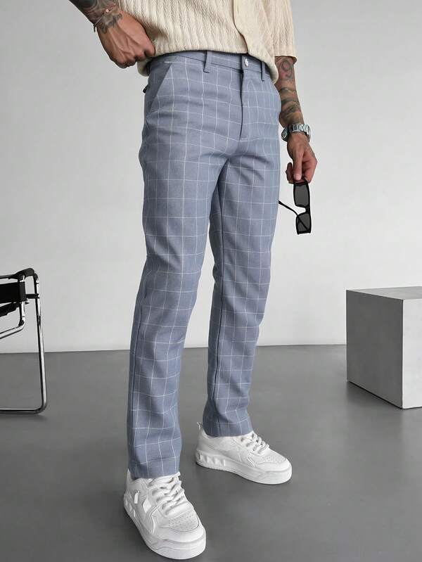 Pantalones casuales de hombre con detalles de botones a cuadros, sin cinturón, adecuados para salidas, vacaciones, fiestas, pantalones de traje de corte slim