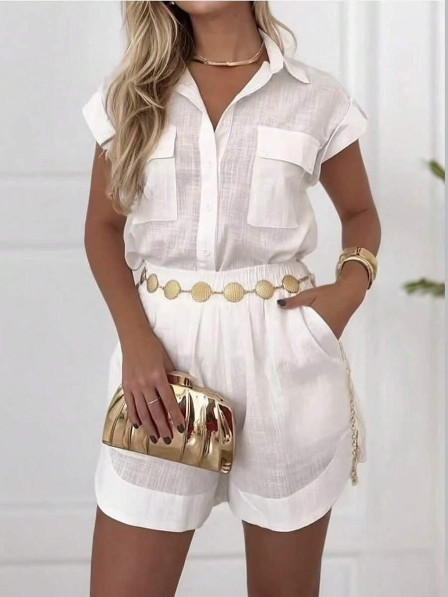 Women's Shirt And Shorts Set With Lining - White - View 1