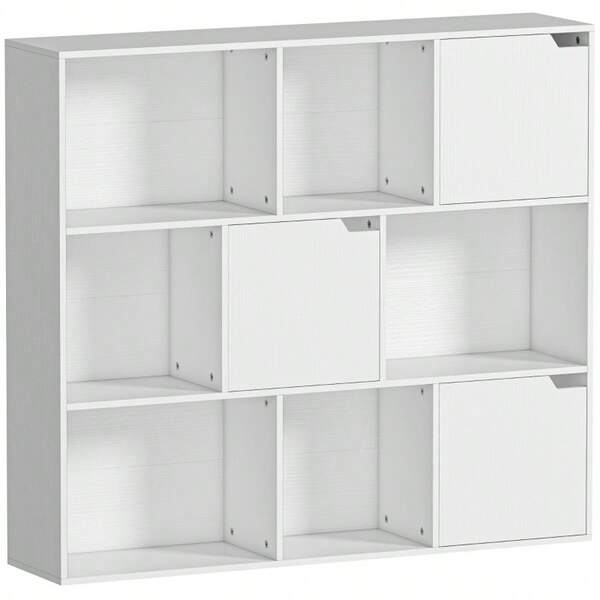HOMCOM Bookcase, 9 Cube Compartments, 3 Doors, 6 Open Shelves, For Living Room Or Bedroom, Particleboard, White