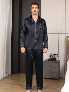 Men's Sleepwear Loungewear Set, Long Sleeve Shirt And Long Pants, Casual Solid Color Top With Button, Silk Pajamas 2-Pieces , Suitable For All Seasons, Winter Clothes - Black - View 3