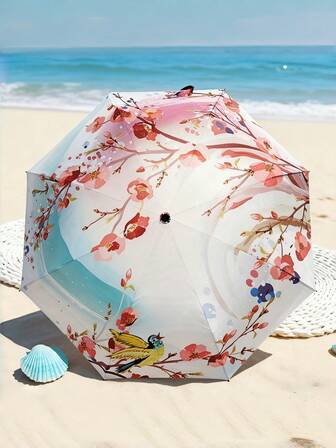 Compact Portable Umbrella Uv Protection Rain Proof Peach Flower And Bird Folding Umbrella Travel Essentials Spring Flowers Ultra Light School Camping Beach Four Seasons For Valentine's Day Christmas Gifts Holiday Essentials Summer Supplies Household